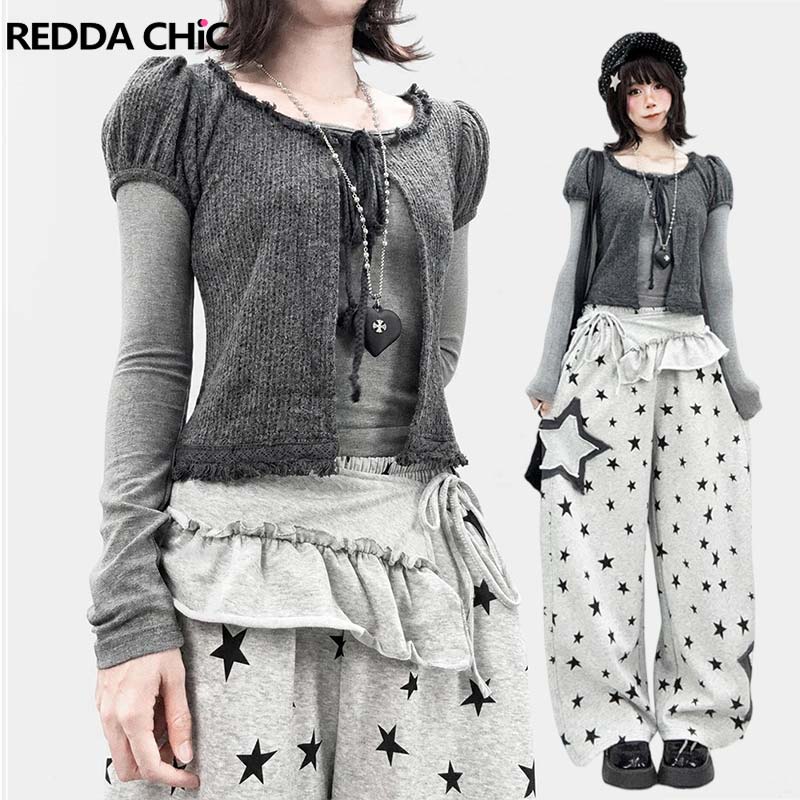 T-Shirts - REDDACHiC Puff Sleeve Cardigan Top Two-piece