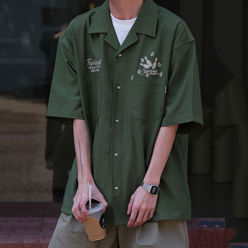 Short Sleeve Bowling Shirt Retro - Bowling Thêu Xanh Công Cụ Dụng