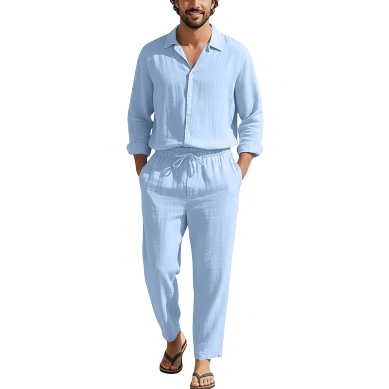 Mens Linen Shirt Long Sleeve - Spring Summer Linen Casual Sets Loose